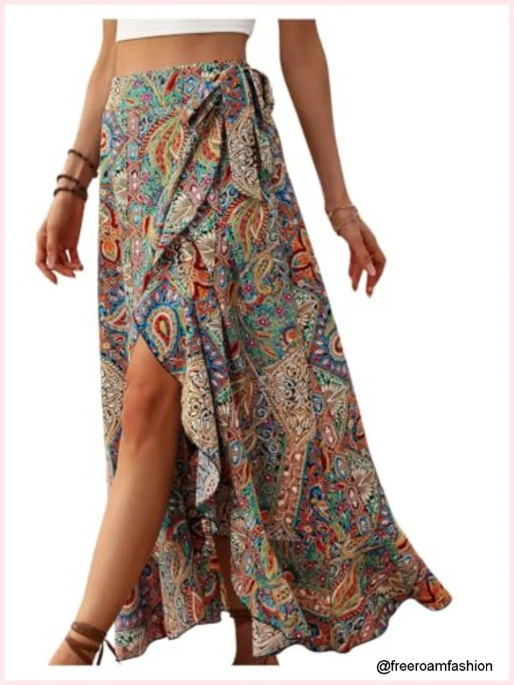 Boho Asymmetrical Maxi Skirt Floral High Waist Split Side Wrap